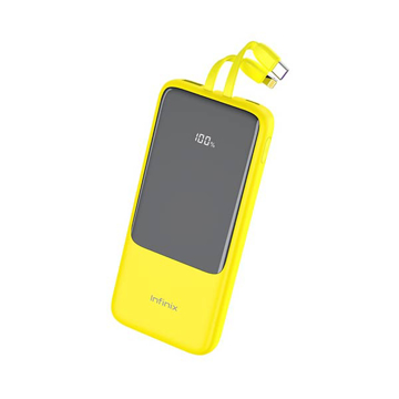 Picture of Infinix Power Bank XP07 10,000 mAh 22.5W PD, QC, PE Thunder Charge built in Lightning, USB C Cables Yellow